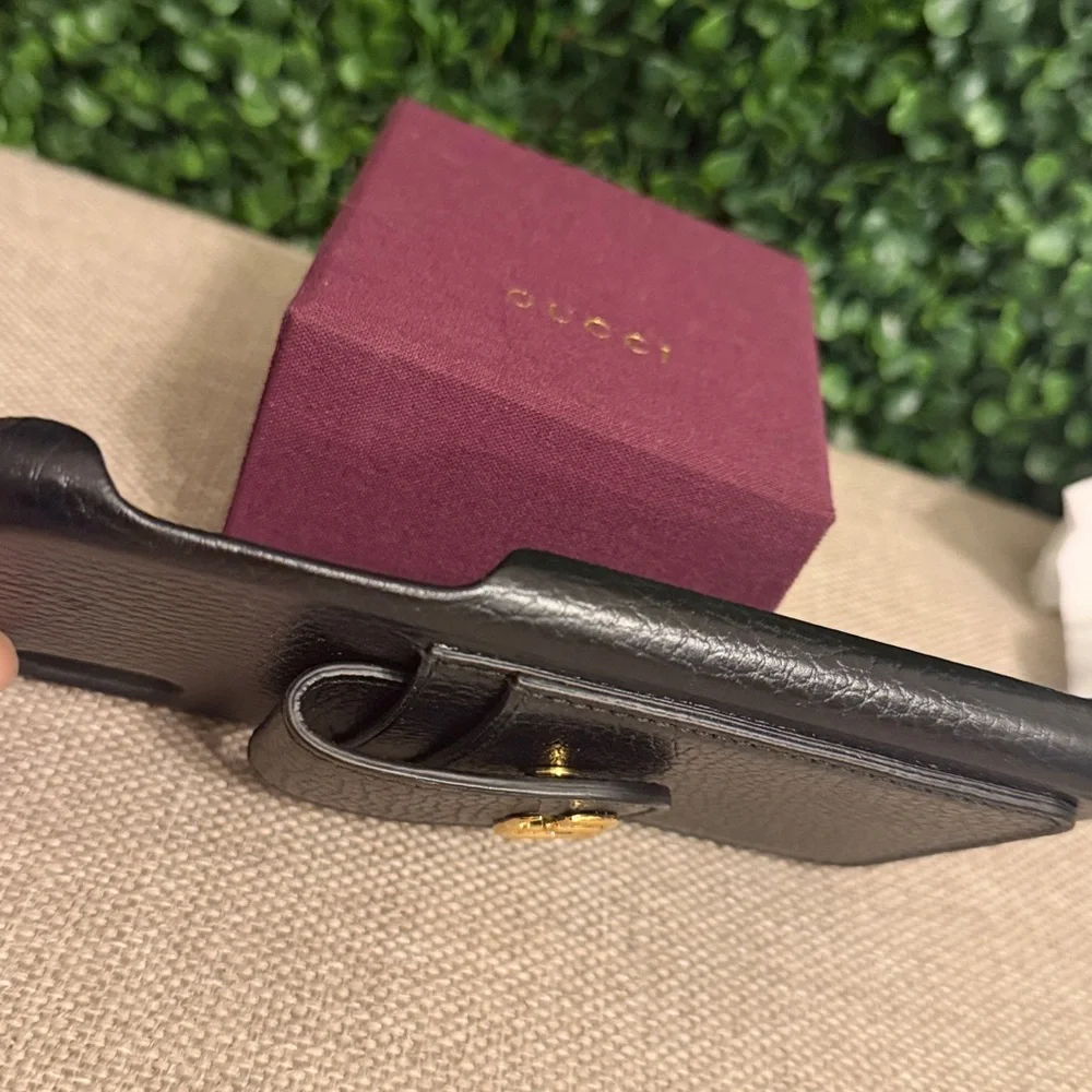 Black Leather Phone Case with Gold GG Logo